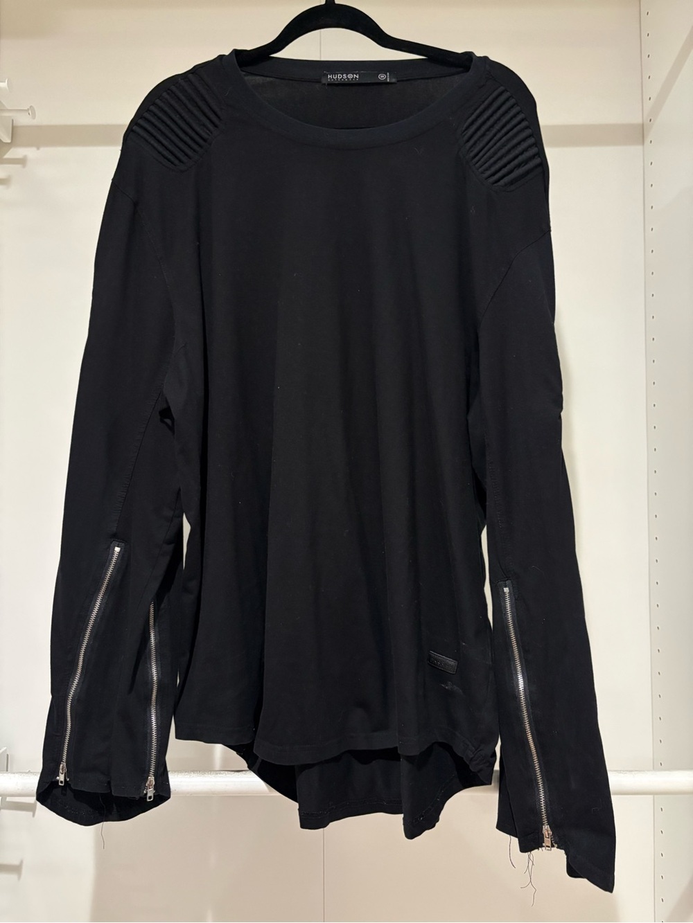 Hudson Jeans Moto Knit Top Black Ribbed Shoulder Zip Sleeve Oversized 3X